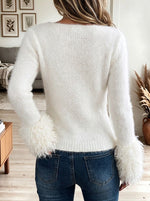 Women's White V-Neck Knit Pullover Sweater with Fluffy Faux Fur Cuffs