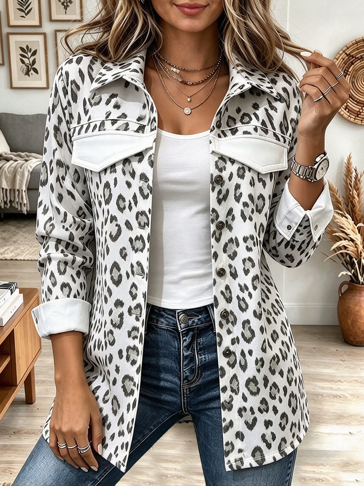 Women's White and Grey Leopard Print Button-Up Shirt with White Pocket Flaps