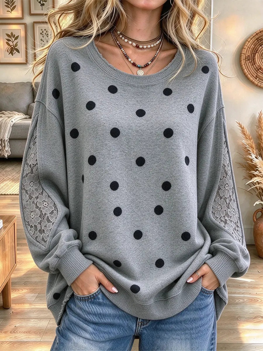 Women's Retro Polka Dot Print Lace Patchwork Crew Neck Sweatshirt