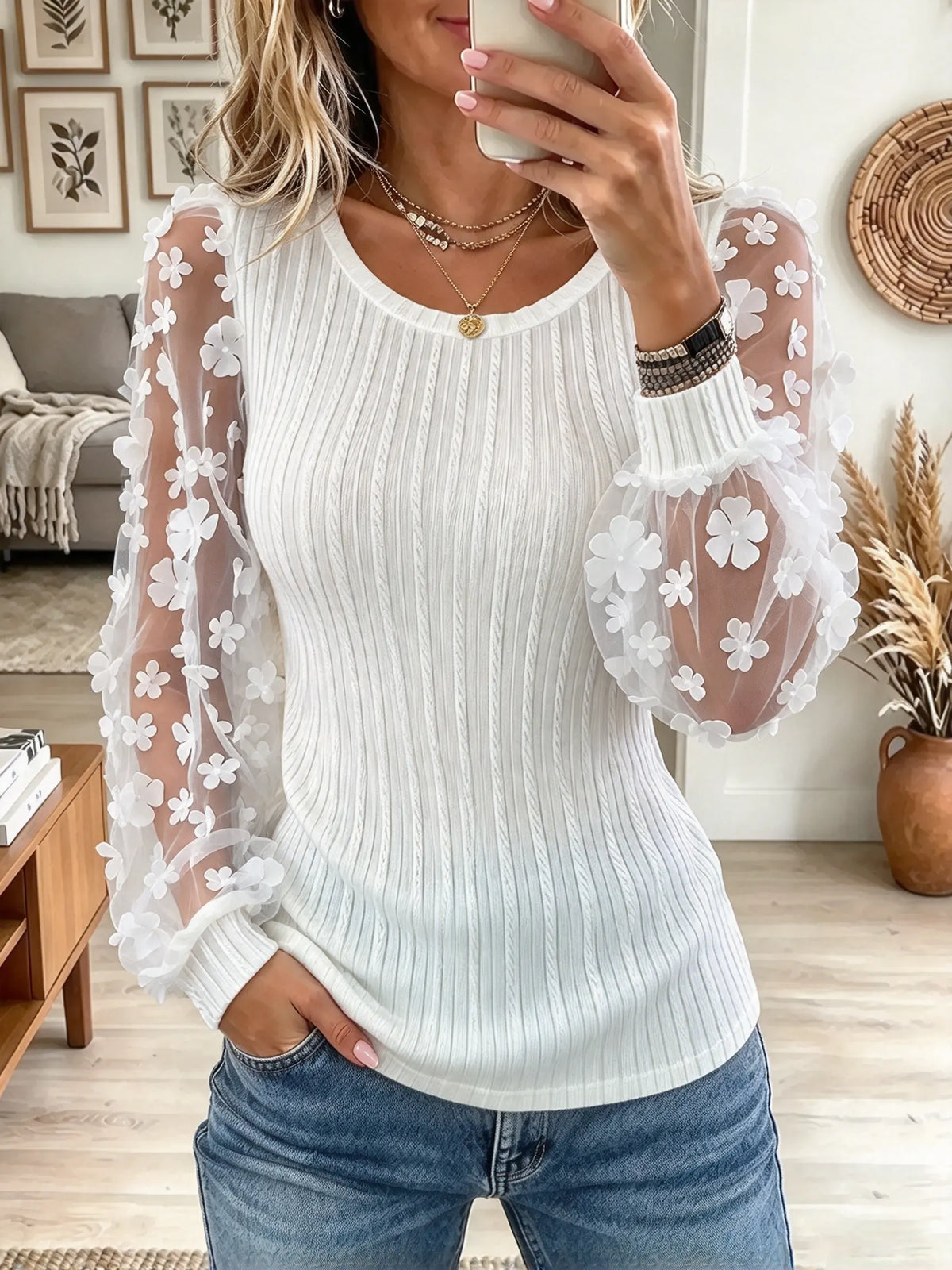 Women's 3D Floral Mesh Sleeve Knit Top
