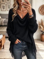 Women's Cowl Neck Fringe Trim Eyelash Knit Sweater