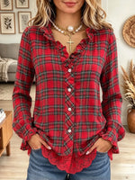 Women's Plaid Ruffle Button-Down Blouse