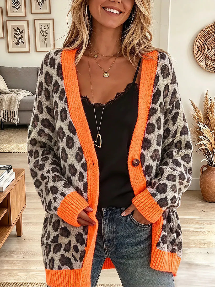 Vintage Elegant Leopard Button Knit Sweater Jacket