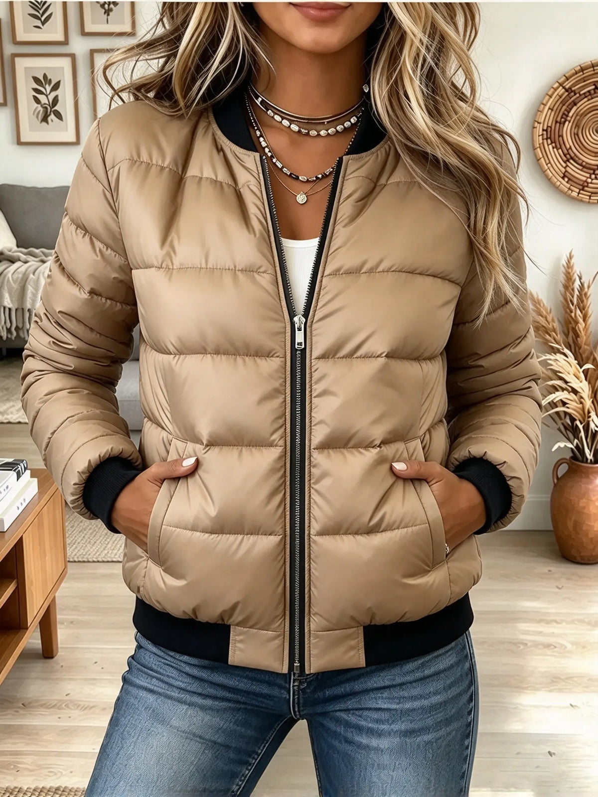 Women's Mock Neck Quilted Bomber Jacket