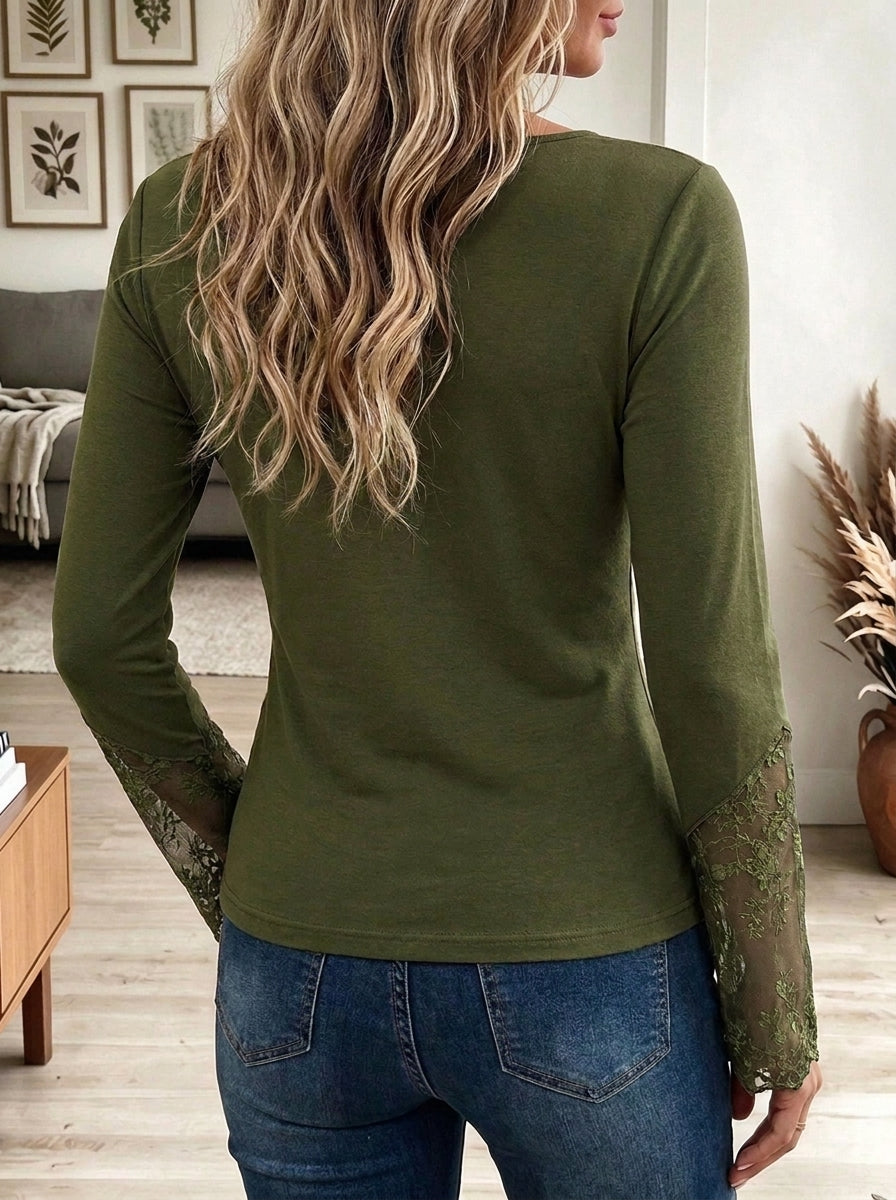 Women's Olive Green Asymmetric Cutout Floral Lace Patchwork Long Sleeve Top