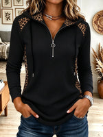 Women's Black Ribbed Knit Quarter Zip Hoodie With Leopard Print Accent Panels