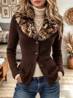 Women's Leopard Faux Fur Collar Cardigan