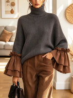 Retro Turtleneck Art Casual Stylish Ruffle Long Sleeve Knit Sweater