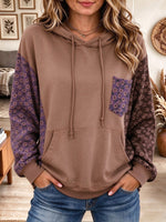 Women's Brown Colorblock Hoodie with Floral Print Pocket and Sleeves