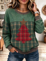 Women's Green Plaid Christmas Tree Patchwork Sweatshirt with Raw Edges