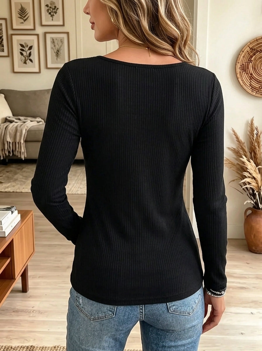 Women's Scalloped Floral Lace Neckline Ribbed Top
