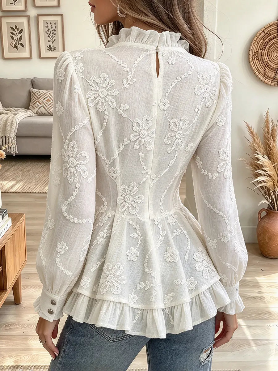 Women's Floral Embroidery Print Ruffled Peplum Blouse