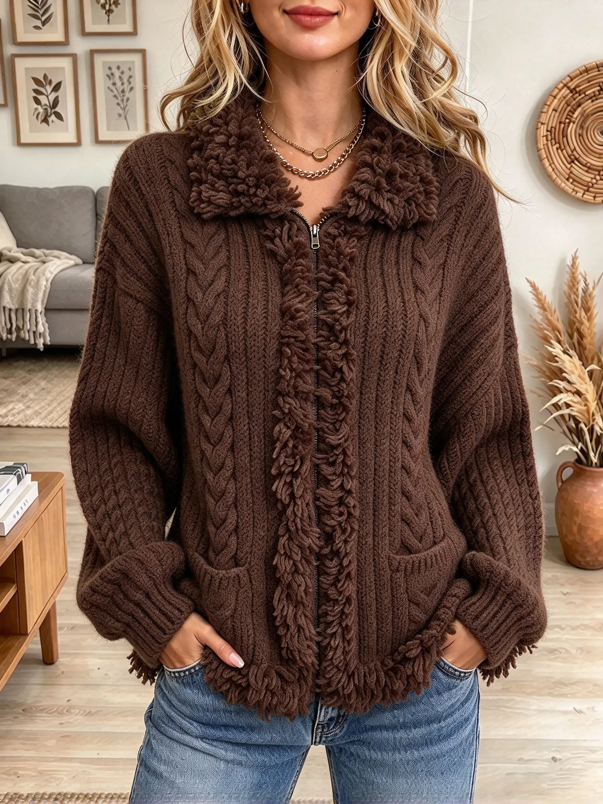 Women's Fuzzy Trim Cable Knit Zip-Up Cardigan