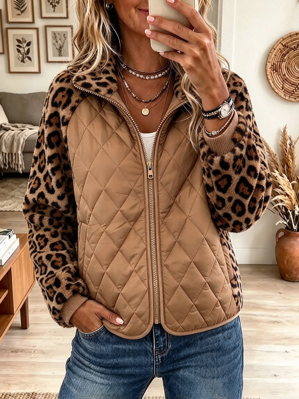 Women's Leopard Patchwork Quilted Zip Jacket