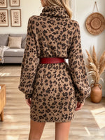 Vintage Chic Leopard Turtleneck Art Casual Knit Stylish Long Sleeve Dress