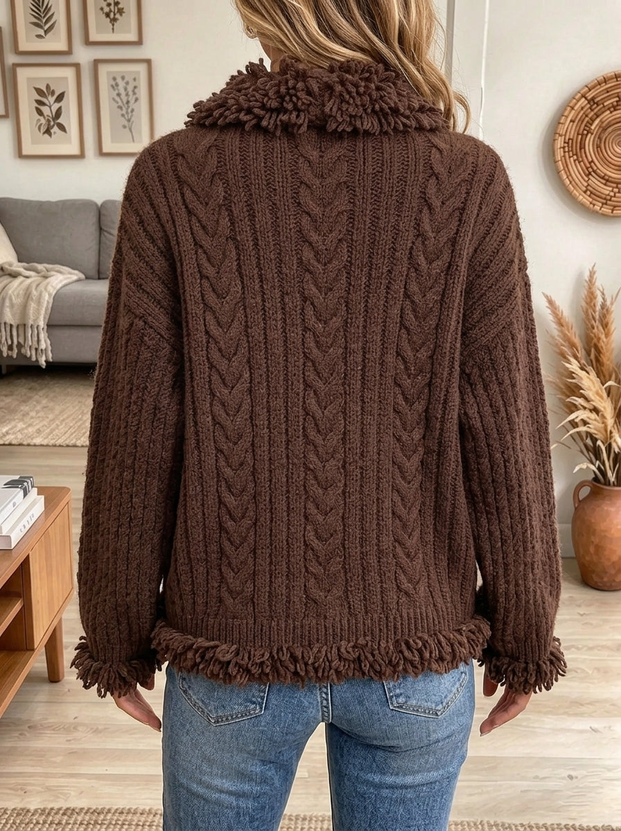 Women's Fuzzy Trim Cable Knit Zip-Up Cardigan