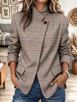 Women's Beige Plaid Asymmetric Winter Jacket with Stand Collar