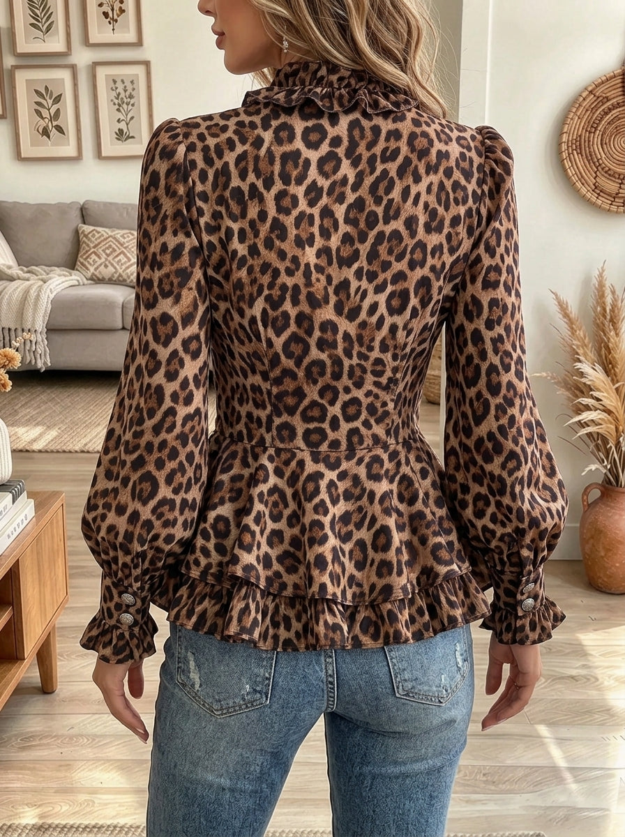 Women's Leopard Ruffle Peplum Button-Down Blouse