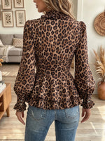 Women's Leopard Ruffle Peplum Button-Down Blouse