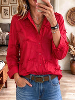 Women's Red Button-Up Shirt with All-Over Bow Appliques