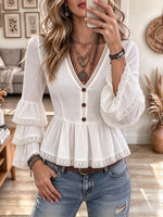 Women's Stylish And Elegant Lace-trimmed Flared Long-sleeved Shirt Top
