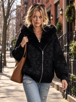 Women's Floral Embroidery Print Hooded Zip Up Long Sleeve Loose Casual Winter Coat