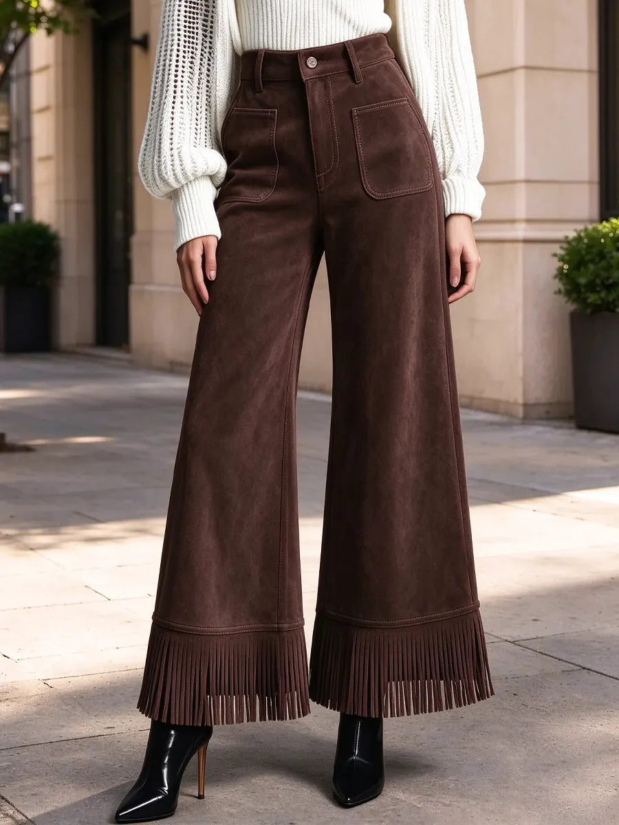Retro Chic Fringe Loose High Waist Art Casual Stylish Suede Pants