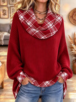 Women's Retro Red Plaid Print Turtleneck Long-sleeved Top