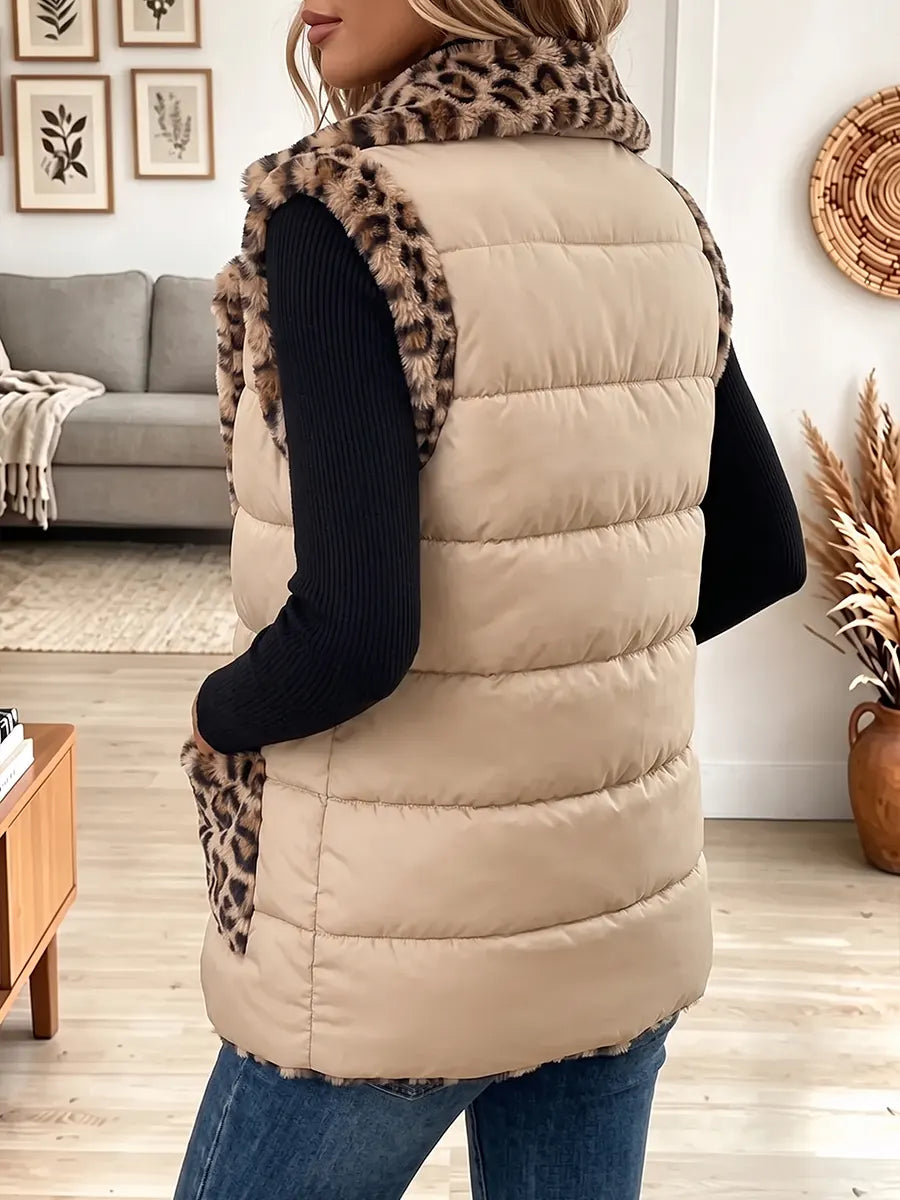 Vintage Elegant Leopard Print Ruffled Patchwork Quilted Winter Jacket Vest