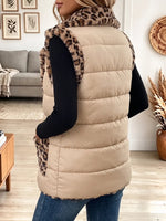 Vintage Elegant Leopard Print Ruffled Patchwork Quilted Winter Jacket Vest