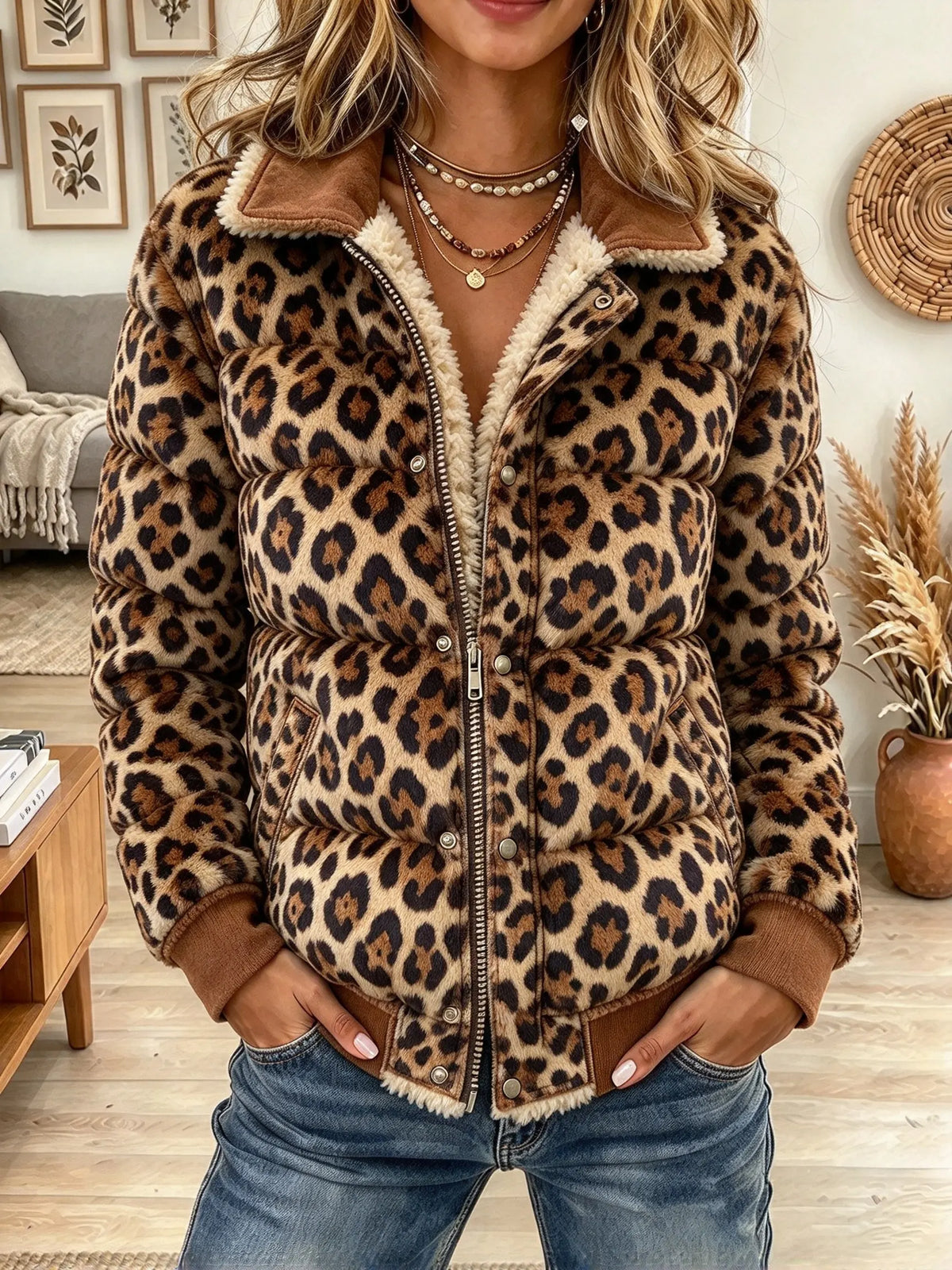 Women's Leopard Fux Fur Trim Puffer Jacket