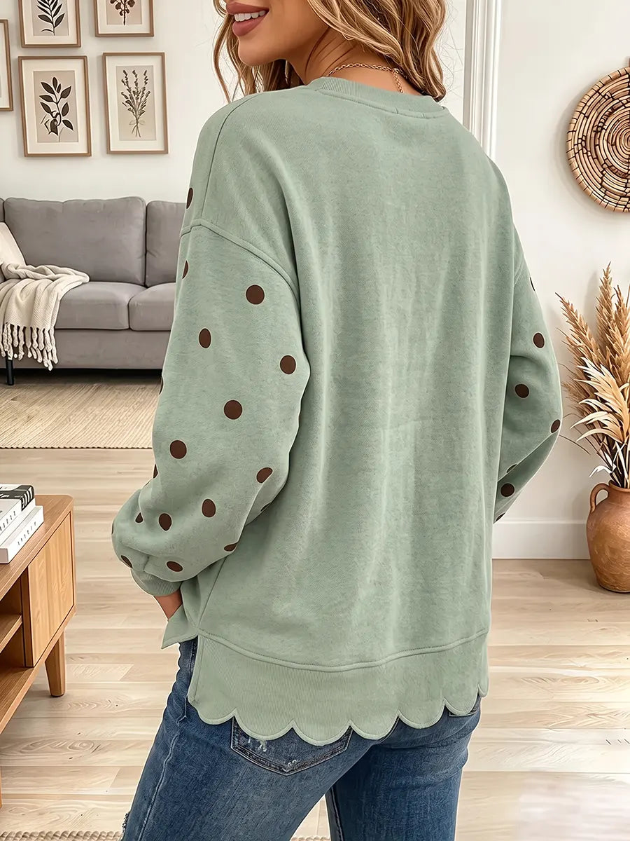 Vintage Elegant Polka-dot Wavy-edged Trim Sweatshirt