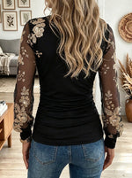 Women's Black Sheer Mesh V-Neck Long Sleeve Top with Gold Foil Floral Embroidery