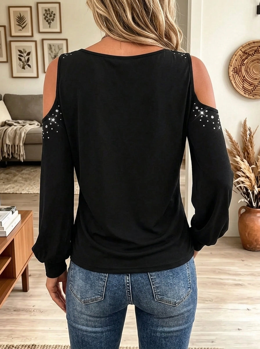 Women's Cold-Shoulder Rhinestone Cowl Neck Top
