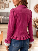 Vintage Elegant Suede Patchwork Ruffles Lace Jacket