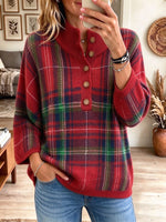 Women's Red Plaid Button-Up Cowl Neck Oversized Sweater