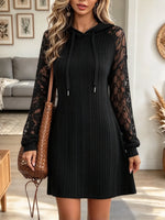 Women's Floral Lace Sleeve Ribbed Hoodie Mini Dress
