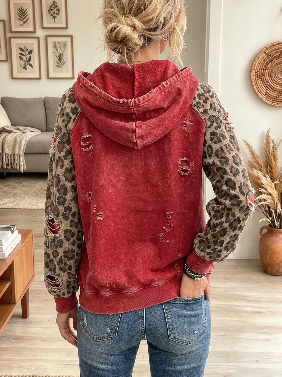 Women's Leopard Patchwork Santa Print Hoodie