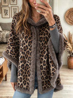 Women's Leopard Faux Fur Trim Poncho Cape