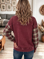 Women's Burgundy Vintage Christmas Tree Graphic Sweatshirt with Plaid Sleeves