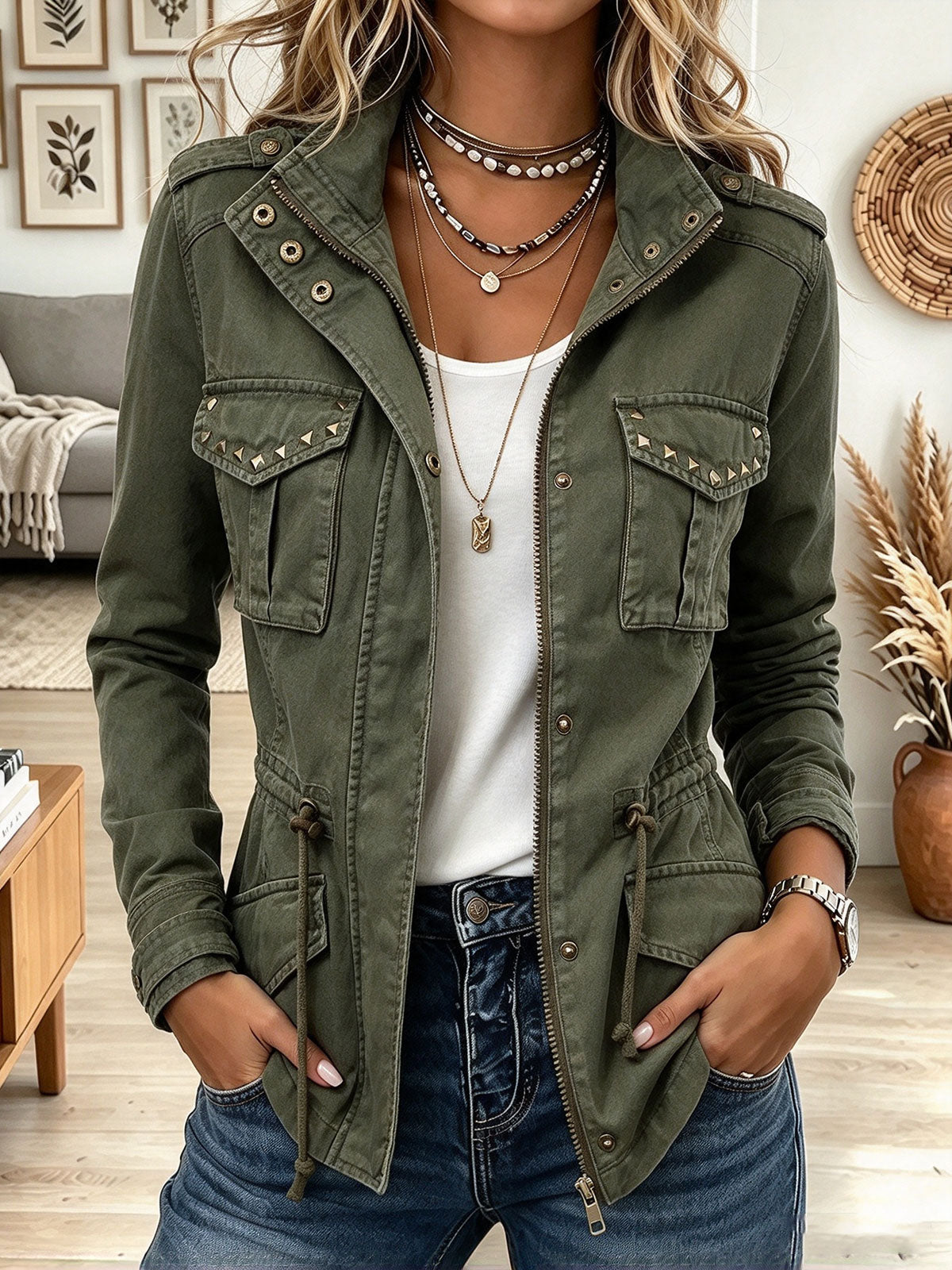 Women's Olive Green Military Utility Jacket with Studded Flap Pockets