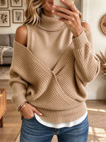Women's Beige Turtleneck Cold Shoulder Layered Knit Sweater Top