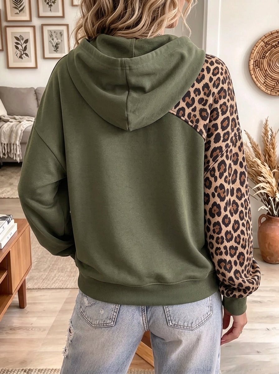 Women's Leopard Cutout Drawstring Fleece Hoodie
