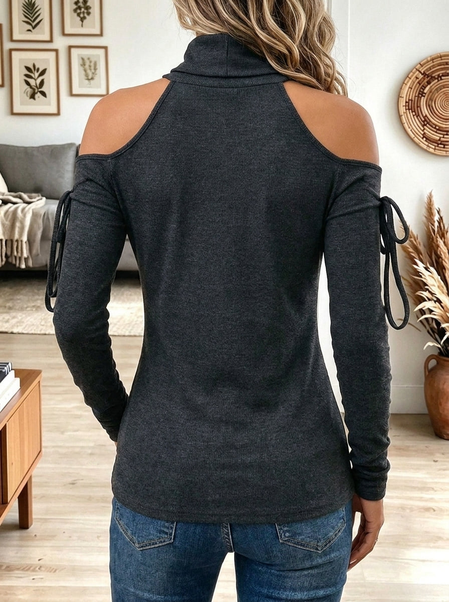 Women's Dark Grey Turtleneck Cold Shoulder Long Sleeve Top with Arm Ties