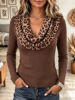 Women's Leopard Cowl Neck Ribbed Knit Top
