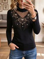 Women's Black Mock Neck Long Sleeve Top with Sparkly Rhinestone Floral Mesh Yoke