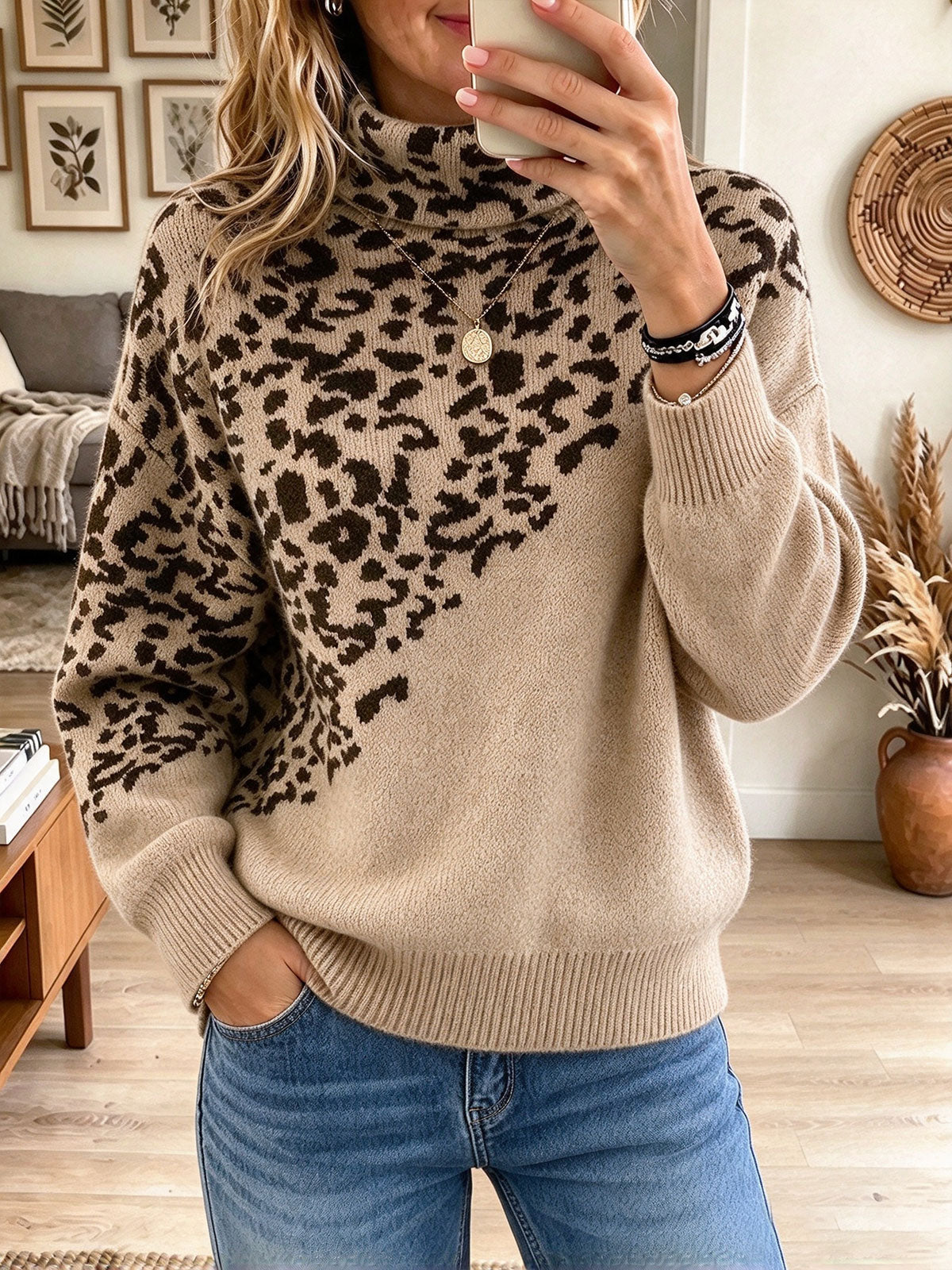 Women's Beige Leopard Print Turtleneck Oversized Knit Sweater