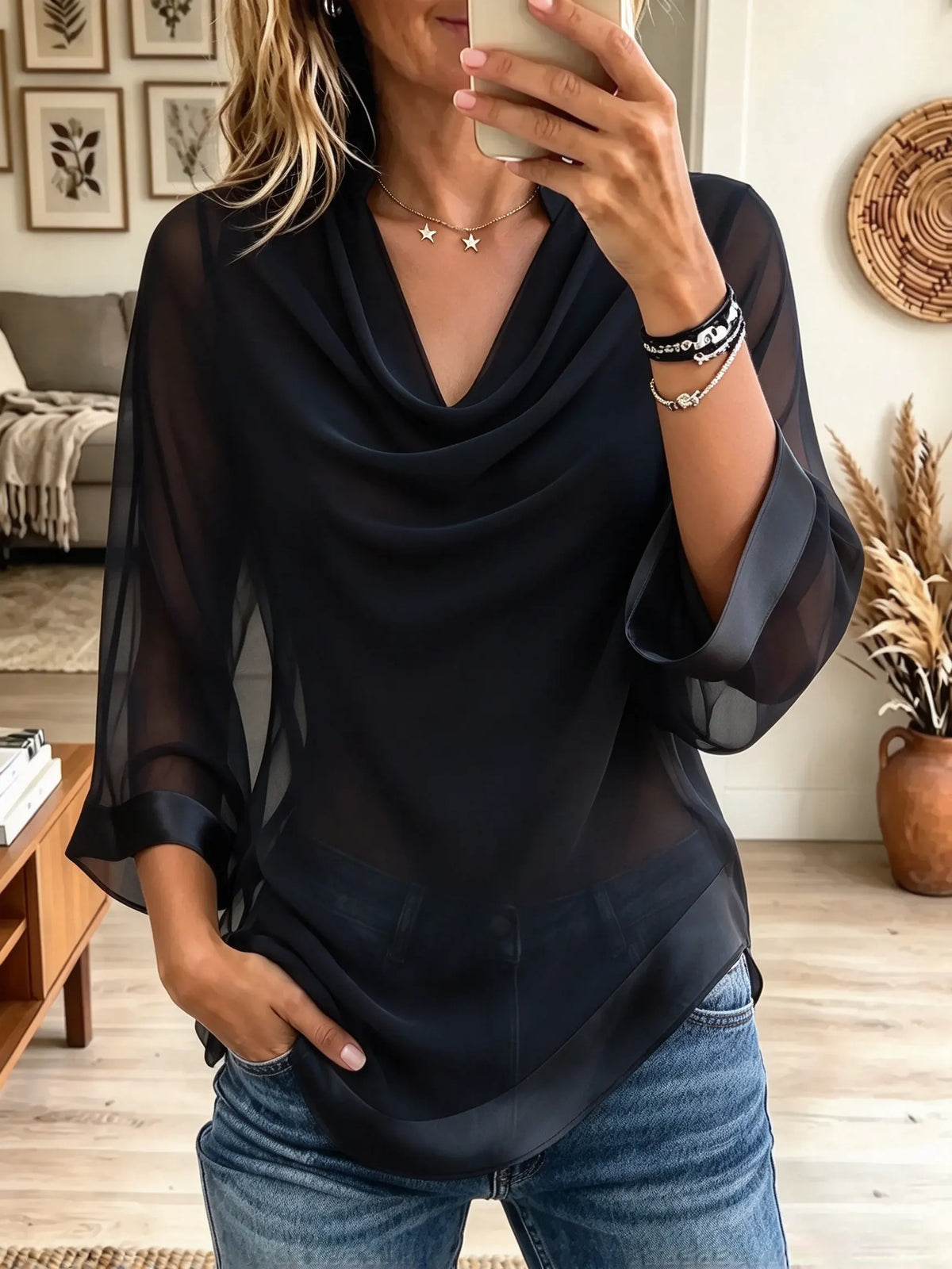 Women's Draped Cowl Neck Sheer Chiffon Blouse