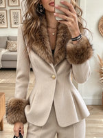 Women's Faux Fur Collar Peplum Woolen Blazer