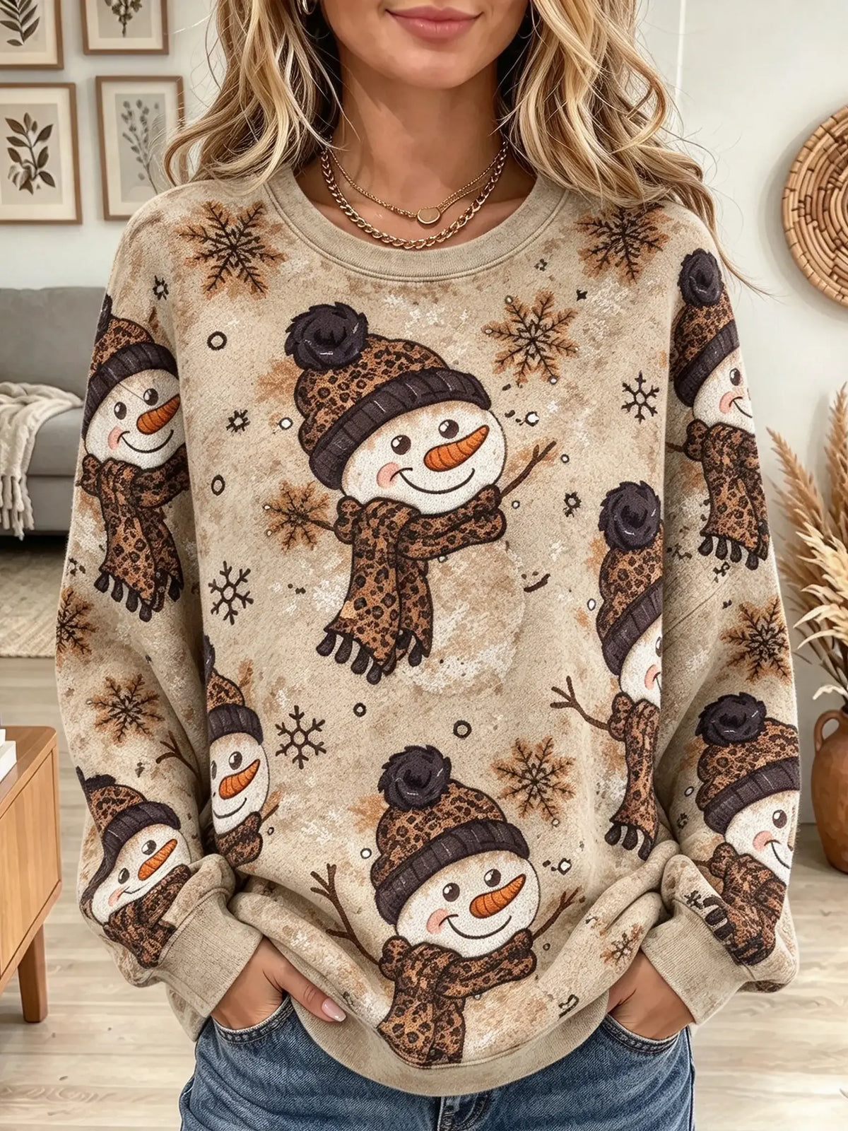 Women's Leopard Snowman Snowflake Pattern Sweatshirt